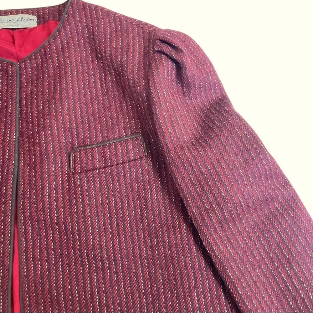 Elizabeth Arden New York wool blazer deep red tweed with black trim.